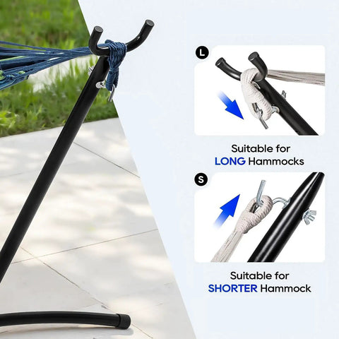 Heavy Duty Hammock Stand With 450 Lbs Capacity Portable Steel Stand for Indoor or Outdoor Use Easy No Tools Setup Rock Solid Durability With Metal Frame And Strong Hooks Fits Two People Comfortably showing adjustable mounts for long and short hammocks.