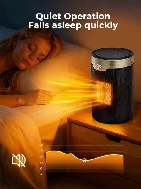 ETL Certified 1500W PTC Space Heater With Thermostat warming a bedroom with a sleeping person, showing quiet operation.