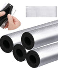 4 Pack Self Adhesive Pipe Wrap Foam Tubes For Winterizing And Irrigation Systems Like Sprinklers Spigots And Water Heaters 1.3 Feet Each Total 5.2 Feet Cut To Fit 1 Inch Pipes Easy No Fuss Install showing silver insulation with slit