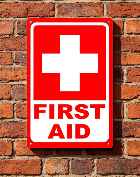 Heavy Duty Aluminum First Aid Sign 8x12 Inches Weatherproof And Rust Free Pre Drilled For Easy Mounting Bold Red Cross Emergency Sign