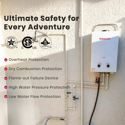 Portable Propane Tankless Water Heater For RV And Camping, 1.58 GPM, 6L, 41,000 BTU Per Hour with safety features
