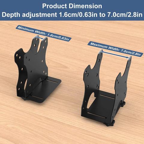 Adjustable Mini PC Mount Bracket showing width adjustment range 1.6cm to 7.0cm, made of black steel for secure mounts.