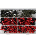 BMW S1000RR 2009–2021 253 Piece Motorcycle Bolt Kit With Washers Nuts Screws Assortment Red For Street And Track Use Beefy Fasteners Set Great For Daily Maintenance, Replacement Parts, And Tinkering On Your Ride At The Track Or Street. Red and black bolt kit in plastic organizer tray