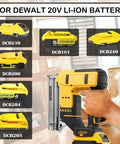 Real Deal Hella Reliable Cordless 18 Gauge Brad Nailer And Staple Gun Combo With Brushless Motor Compatible With Dewalt 20V Batteries support batteries DCB230, DCB181, DCB200 for versatile use.