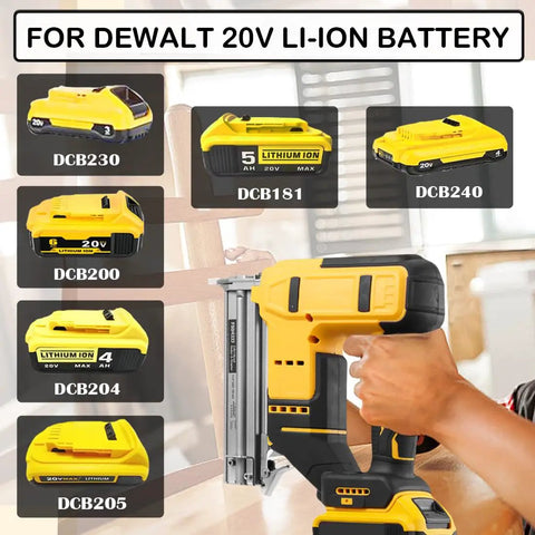 Real Deal Hella Reliable Cordless 18 Gauge Brad Nailer And Staple Gun Combo With Brushless Motor Compatible With Dewalt 20V Batteries support batteries DCB230, DCB181, DCB200 for versatile use.