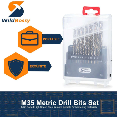 M35 cobalt drill bit set, 19 pcs 1–10 mm, straight shank HSS twist bits in a portable WildBossy case
