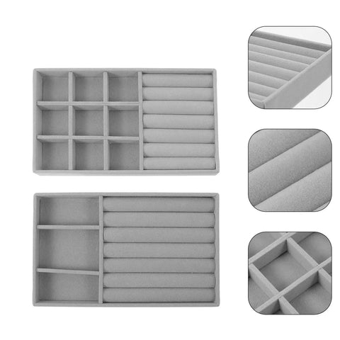 Soft Velvet Jewelry Organizer Tray With Deep Compartments And Ring Holder For Diy Bracelet Making Bead Display Rack two piece set in gray.