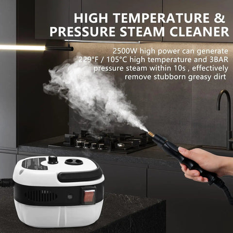 Heavy Duty 2500W Handheld Steam Cleaner With 3 Quick Swap Brushes Rapid Heating Portable Steamer used to clean greasy surfaces.