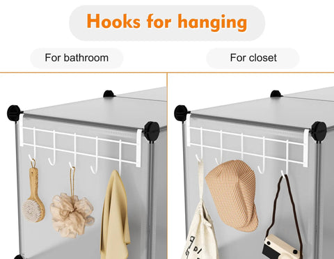 Light grey storage organizer with hooks for hanging items in bathroom or closet, part of six cube storage organizer with metal frame.