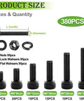 380 Piece M4 Hex Socket Head Cap Bolts Set With 6mm 8mm 12mm 16mm 20mm 30mm Lengths, includes nuts and washers