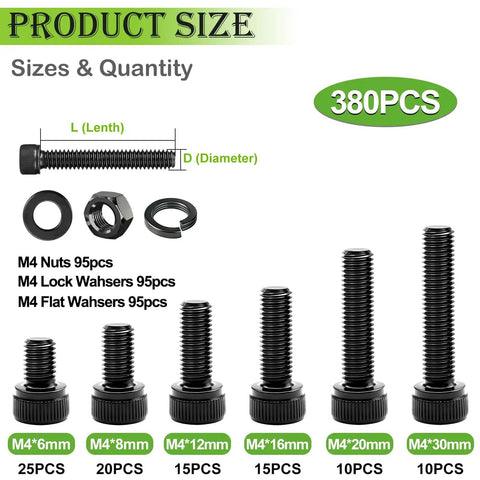 380 Piece M4 Hex Socket Head Cap Bolts Set With 6mm 8mm 12mm 16mm 20mm 30mm Lengths, includes nuts and washers