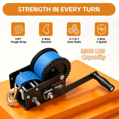 Beefy 3500 Lbs Boat Trailer Winch With 33 Ft Strap Heavy Duty Hand Winch For Boat Launch And Recovery on orange base