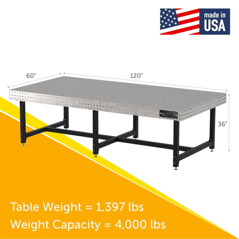 Badass Heavy Duty Welding Fixture Table With Laser Etched Two Inch Grid And Sixteen Millimeter Clamp Holes Precision Leveling Feet Ten By Five Foot Steel Workbench Made In Usa, 120x60 inches, 4000 lbs capacity.