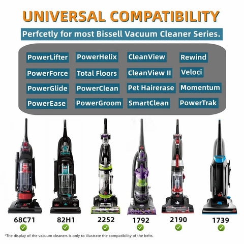 Image showing Bissell vacuum cleaner models with text highlighting universal compatibility for belts including PowerForce Helix.