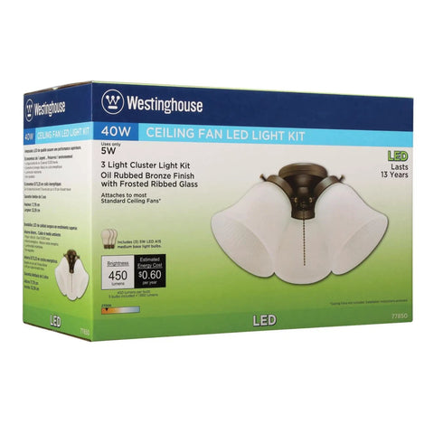 Three Light LED Ceiling Fan Light Kit In Oil Rubbed Bronze Finish With Frosted Ribbed Glass Shades box packaging