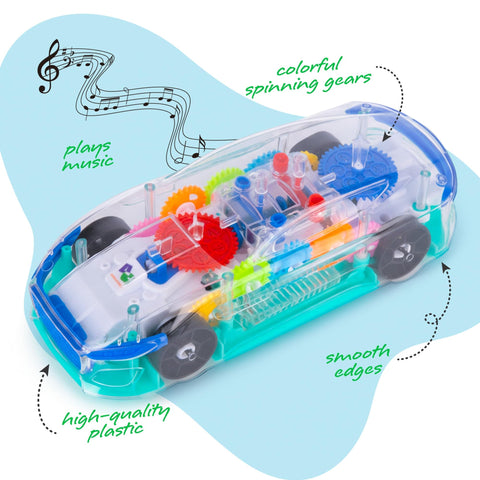 Light Up Transparent Sensory Car Toy With Bump N Go Action, Colorful Moving Gears, Music And LED Effects For Kids, A Totally Fun Easter Gift For Toddlers And A Perfect Birthday Present