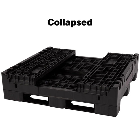 Kickass Workhorse Industrial Grade Collapsible Bulk Box With 1700 Pound Capacity And Four Way Forklift Access For Warehouse Material Handling And Retail Storage Made In Usa, collapsed view.