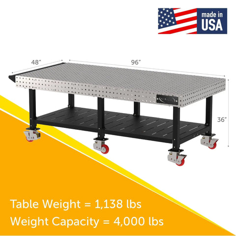 Pro Shop Heavy Duty Welding Fixture Table With Precision Laser Cut Grid Powder Coated Steel Frame Six Rolling Caster Wheels And Bottom Storage Rack For Makers showing dimensions 96W x 48D x 36H.