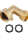 90 Degree Hose Elbow For RVs With Solid Brass Construction And Swivel Easy Grip Connector Delivers A No Fuss Fit For Three Quarters Inch Hose Threads Ideal For RV Water Hoses Residential Outdoor Faucets And More 1 Pack product image with brass elbow and rubber washers
