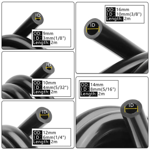 Long 6.6 Ft Silicone Vacuum Hose Kit With 1/8, 5/32, 1/4, 5/16 And 3/8 Inch IDs For High Temp 130 PSI Automotive Vacuum Tubing Details