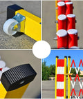 Rock Solid Retractable Scissor Gate With Hella Bright Yellow And Black Reflective Strips, wheel detail and reinforced joints.