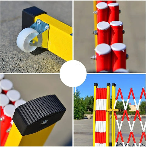 Rock Solid Retractable Scissor Gate With Hella Bright Yellow And Black Reflective Strips, wheel detail and reinforced joints.