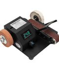 Heavy Hitter Mini Belt Sander With 350W All Copper Motor And 10 Included Abrasive Belts Speed Adjustable Bench Polisher for knives wood metal acrylic stone workshop, black device with digital display.