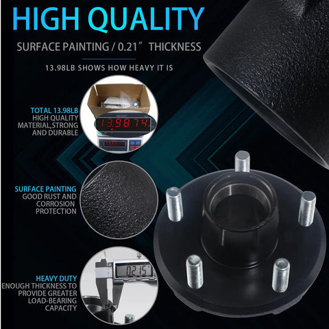 Trailer Hub Kit 5 On 4.5 Inch 2000 Lb Axle 5 Lug Trailer Hub with weight display and surface painting details
