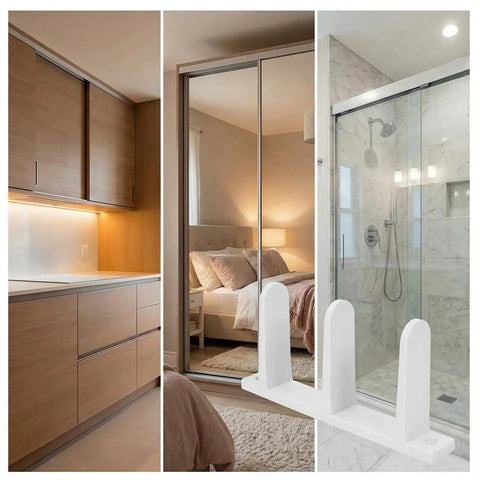 Four Pack Sliding Closet Door Floor Guide Set Built To Last With Universal ABS Bottom Guides Fit One And Three Eighths Inch Doors Complete Track Kit With Screws For Easy No Fuss Cabinet Installation White, white floor guide for sliding closet door