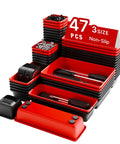 47 Piece Interlocking Tool Tray Organizer Set With Non Slip EVA Pads For Workbench And Rolling Tool Cart Red And Black Trays Garage Drawer Organizer System, showing stacked red and black trays with tools.