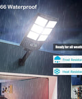 Hella Bright 150W Solar Flood Lights Outdoor With Motion Sensor 8000 LM To 12000 LM wall mounted during rain showing waterproof IP66