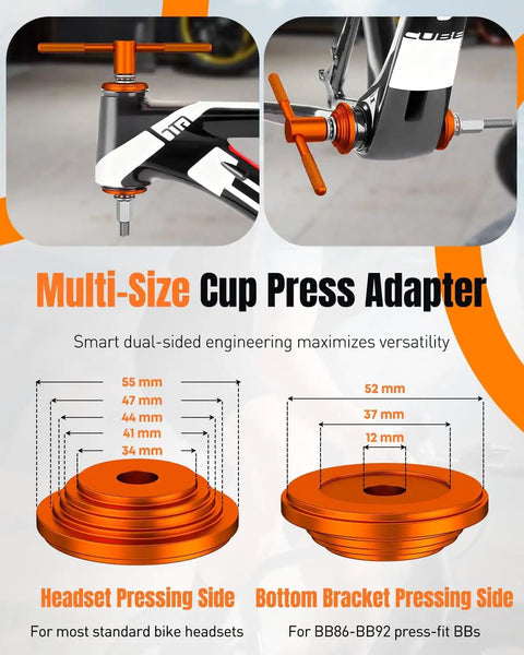 Heavy Duty Pro Grade Bicycle Headset Press Tool With Aluminum Alloy Construction and Anodized Finish, multi-size adapter details