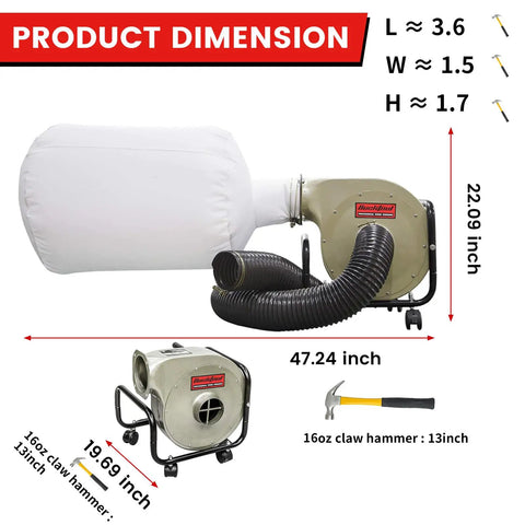Powerful Beast 1HP Wall Mount Dust Collector With Remote Control And 550 CFM Airflow, 6.5A Induction Motor, Includes 2-Micron Filter Bag, DC30A-1, Quiet Shop Dust Extractor For Woodworking And DIY Projects shown with dimensions.