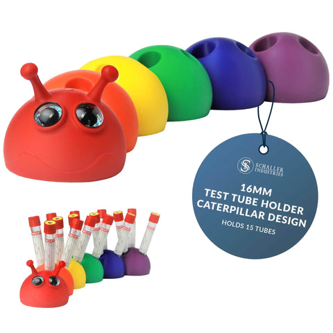 Rainbow Caterpillar Test Tube Rack For 16mm Tubes That Holds 15 Blood Tubes, Fun Rotating Design, Colorful Veterinary Clinic Lab Organizer