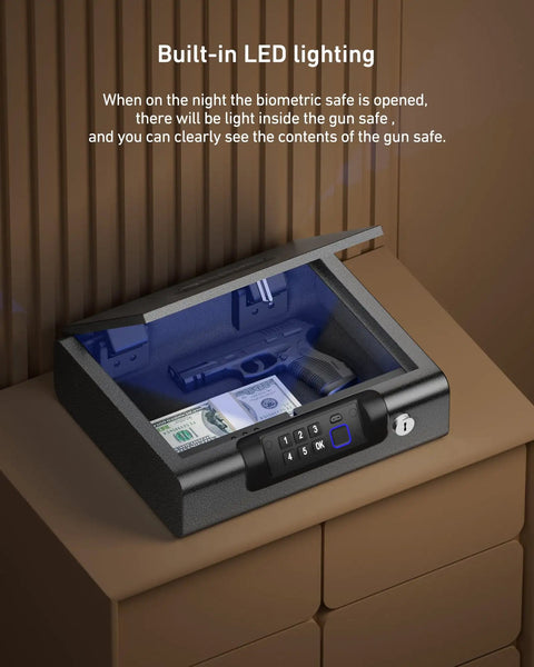 Portable Biometric Gun Safe With LED Light And Silent Mode open showing contents, on nightstand.