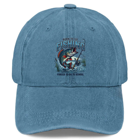 Lightweight Cyan Blue Fishing Hat For Men And Women, All Day Outdoors Cap With "Born To Go Fishing" graphic on front