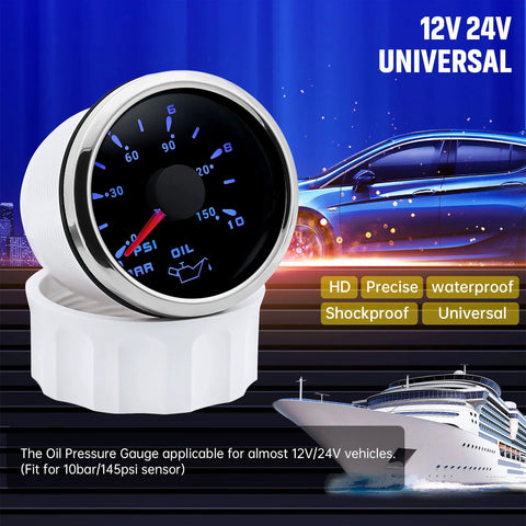 ARTILAURA 52mm oil pressure gauge, black dial with blue numerals, white mounting base