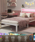 Totally Sweet Twin Size Metal Bed Frame With White Storage Headboard Featuring Smart App Control Rgb Led Lights And Built In Usb Charging Ports For Ultra Chill Bedroom Setups That Slap in a stylish bedroom with pink accents.