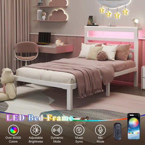 Totally Sweet Twin Size Metal Bed Frame With White Storage Headboard Featuring Smart App Control Rgb Led Lights And Built In Usb Charging Ports For Ultra Chill Bedroom Setups That Slap in a stylish bedroom with pink accents.