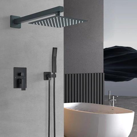 Top Tier Matte Black Rain Shower System With An Eight Inch Square Showerhead And Heavy Duty Brass Handheld Sprayer With Precision Pressure Valve To Stop Scald Risks For Chill Daily Showers