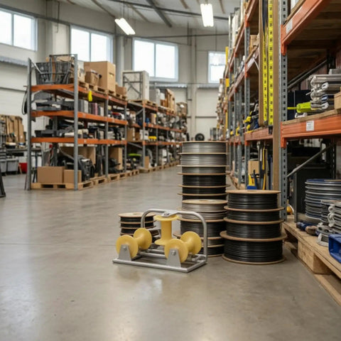 Heavy Duty Cable Guide Pulley Built Tough With Steel And Aluminum Wheels For Slick Wire Routing and quick line shifts in a warehouse.