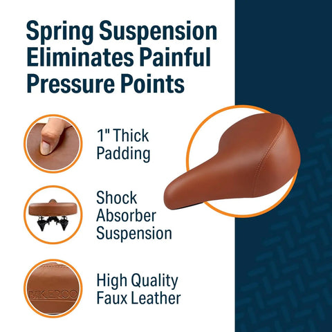 Wide Cruiser Bicycle Saddle With Memory Foam Cushion, Steel Spring And Elastomer Suspension, brown faux leather seat detail