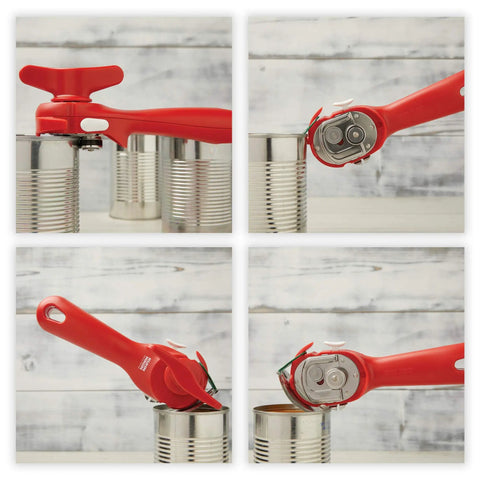No-Touch Can Opener With Ring-Pull Tool And Auto Safety LidLifter Smooth-Edge Side-Cut Design For Safe Lid Removal Easy-Turn Handle Swiss Engineered Red on can