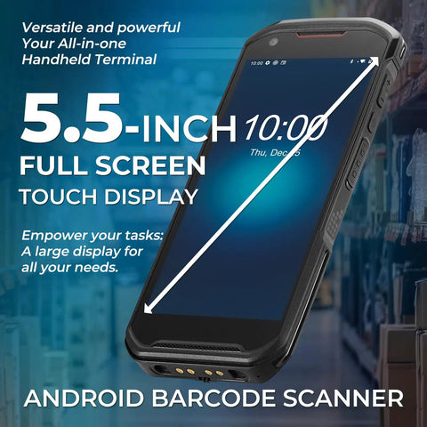 Android 13 Handheld Barcode Scanner With 5.5 Inch Touch Screen, 6GB RAM 64GB Storage, Hot Swap Battery, Dual SIM displayed