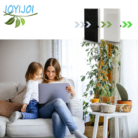 Four Pack Replacement Filters For FRF102B Compatible With Filter U HRF201B And HHT270 HHT290 Series beside woman on couch