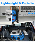 Badass 8 Inch Table Saw Driven By A Beefy 15 Amp 5500 Rpm Motor With Heavy Duty 80 Tooth Carbide Blade For Precision Cuts And Heavy Duty Work On Any Local Shop Or Job Site, shown being carried with one hand for portability.