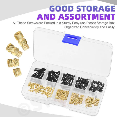 Heavy Duty Assorted Black Zinc Plated Hex Socket Screws And Brass Knurled Insert Kit With Matched Allen Keys in plastic storage box.