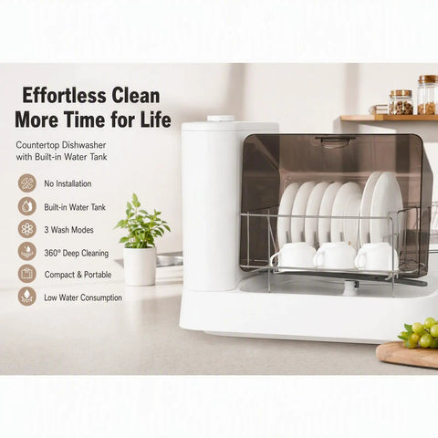 Straight Up Portable Countertop Dishwasher With Built In Reservoir And 360 Degree Rotary Spray for easy dish cleaning on kitchen countertop.