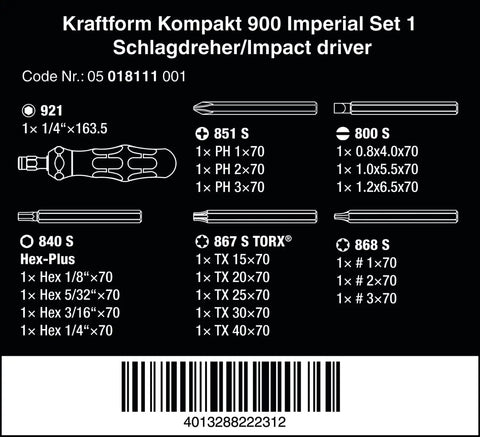 Diagram of Kraftform Kompakt 900 Imperial Impact Screwdriver Set, 19 Piece Kit, including tool specifications and barcode.