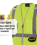 High Visibility Sleeved Mesh Safety Vest With Brilliant Reflective Tape And Utility Pockets Class 3, bright yellow, zippered front, ANSI compliant.